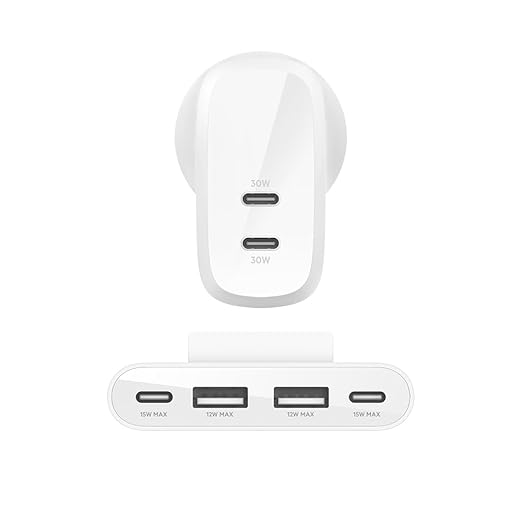 Belkin 60W (30w + 30W) Dual USB-C PPS Fast Charging Wall Charger/Adapter with 4-Port (2 USB-C & 2 USB-A) 2 Meter Power Extender for iPhone 15, 14, 13, 12, iPad & Other USB-C suported Devices – White