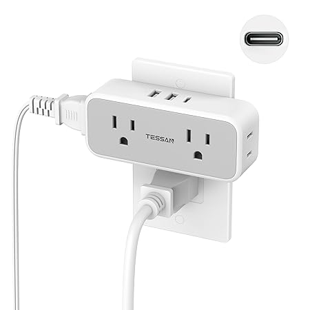 USB C wall charger, USB plug adapter outlet extender, TESSAN 3 USB hub (1 USB C port), multi charging station for travel, home, office, Cruise Dorm Essentials