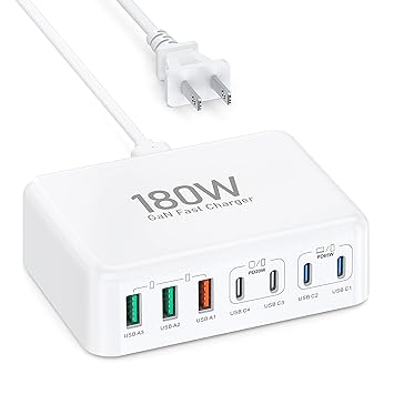 USB C Charger Block, 180W GaN 7 Port Type C Charger Fast Charging Station Wall Charger Power Adapter Wall Plug Cube, Speed Charging Block USB Hub for iPhone 15 14 13 iPad Samsung, 5ft Extension Cord