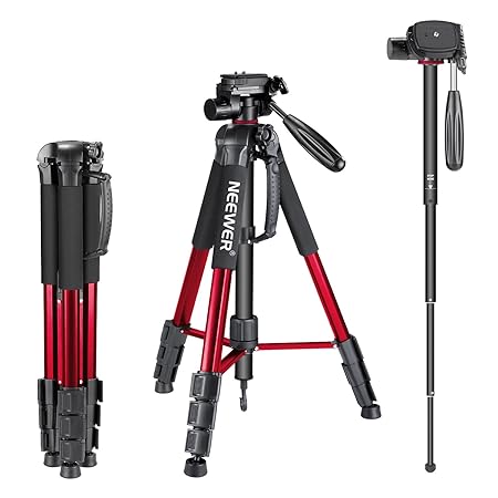 Neewer Portable Aluminum Alloy Camera Tripod Monopod 70inches/177centimeters with 3-Way Swivel Pan Head, Carrying Bag for Canon Nikon Sony DSLR Camera Camcorder up to 8.8 pounds/4 kilograms (Red)