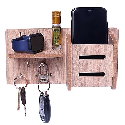 BeeDuck 5 Keys Hooks and 1 Mobile Wooden Keys & Mobile Stand for Mobile Charging, TV & AC Remote Holding and Keys Hanging at Home, Office, Bedroom, Hotel Wall Mount